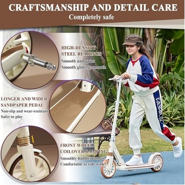 Commuter Adult Scooter 330 lbs Capacity, 8IN Solid Tires Big Wheels Scooters, 3 Handle Height Adjustable Levels, with Double Braking System, Foldable Scooter,Kick Scooter for Ages 6+